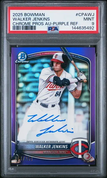 2025 Bowman Walker Jenkins Chrome Prospect Autographs Purple Refractor PSA 9