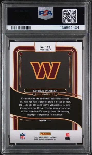 2024 Panini Select Jayden Daniels RC Black & Red Shock PSA 8