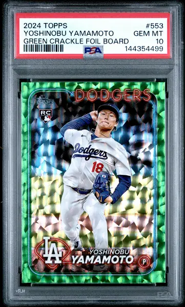 2024 Topps 553 Yoshinobu Yamamoto Green Crackle Foil Board PSA 10