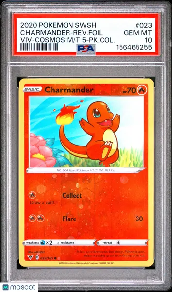 2020 Pokemon Sword & Shield Vivid Voltage Charmander-Rev. Foil #023 Viv-Cosmos M/T 5-PK.Col. PSA 10