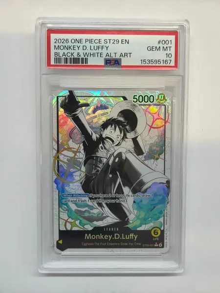 2026 One Piece ST29 Monkey D Luffy Black & White Alt Art 001 PSA 10