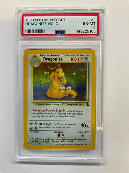 dragonite pokemon card 4 62 1999 Holo Fossil PSA 6 on Fanatics Collect Holo Rare Retreat cost Pokemon Fossil Dragonite 4/62 PSA