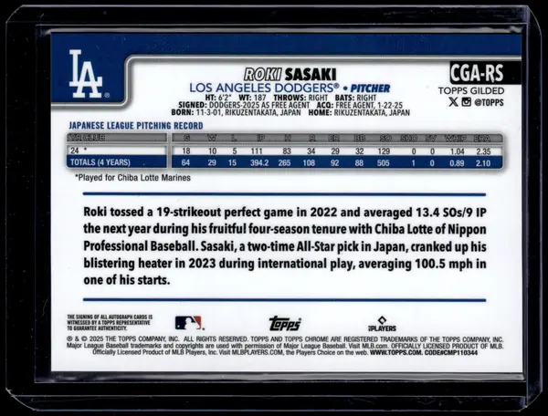 HL-P01 2025 Topps Gilded Chrome Roki Sasaki RC Auto Gold RayWave /75 CGA-RS