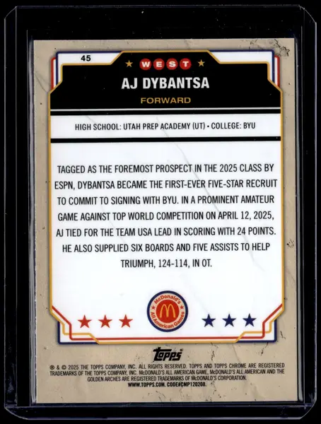 HL-P01 2025 Topps Chrome McDonald's All American AJ Dybantsa Red Refractor /125