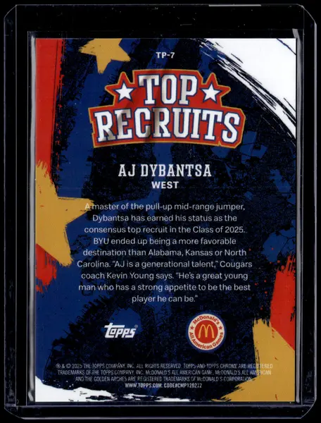HL-P01 2025 Topps Chrome McDonald's Top Recruits AJ Dybantsa #TP-7 Gold /50