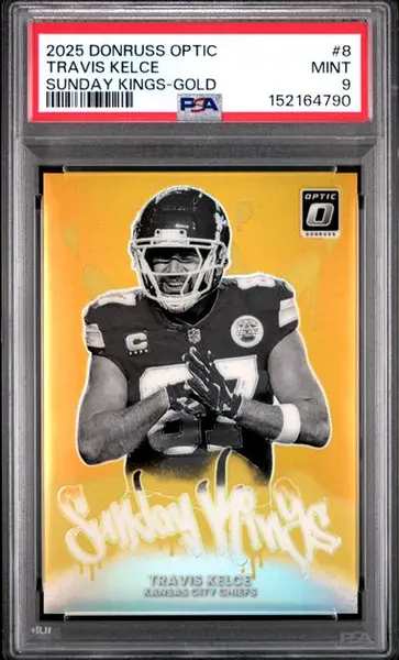2025 PANINI DONRUSS OPTIC SUNDAY KINGS #8 TRAVIS KELCE SUNDAY KINGS-GOLD PSA 8