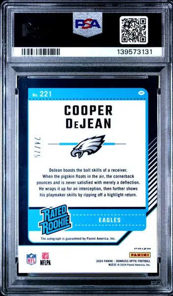 2024 Donruss Optic Cooper DeJean Red Rated Rookie Auto 24/75 #221 PSA 9