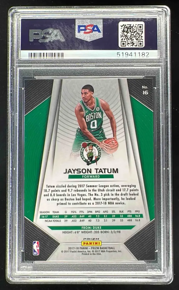 2017-18 Panini Prizm Prizms Silver #16 Jayson Tatum RC PSA 10 on
