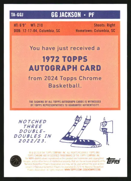 2023-24 Topps Chrome '72 Topps Autographs #TAGGJ GG Jackson Auto