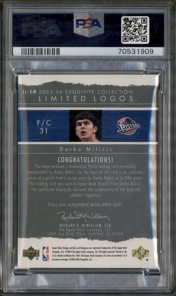 2003 UD Exquisite Collection Limited Logos Auto Patch Darko Milicic /75 PSA 5