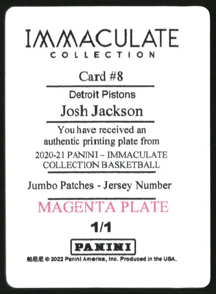 2020 Immaculate Collection Printing Plate Magenta Josh Jackson 1/1