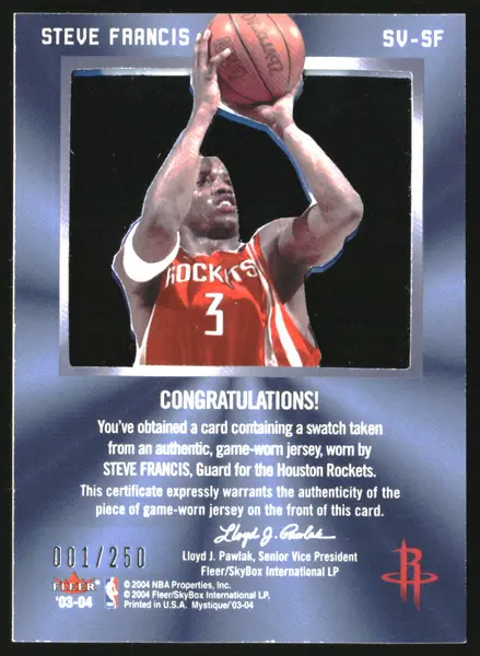 2003-04 Fleer Mystique Skyview Jerseys #SVSM Steve Francis /250