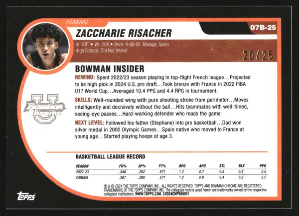2023-24 Bowman Chrome University '07-08 Bowman Orange Zaccharie Risacher /25