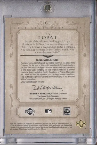 2005 SP Legendary Cuts Autograph Cuts #EL Ed Lopat Auto /11