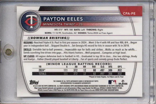 2025 Bowman Chrome Prospect Autograph Red Refractor Payton Eeles RC Auto /5
