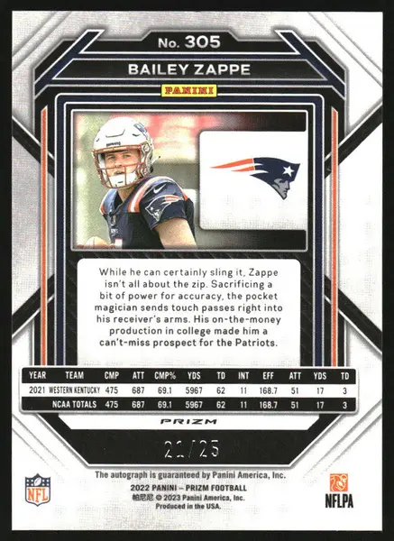 2022 Panini Prizm Autographs Prizm Blue Shimmer #305 Bailey Zappe RC Auto /25