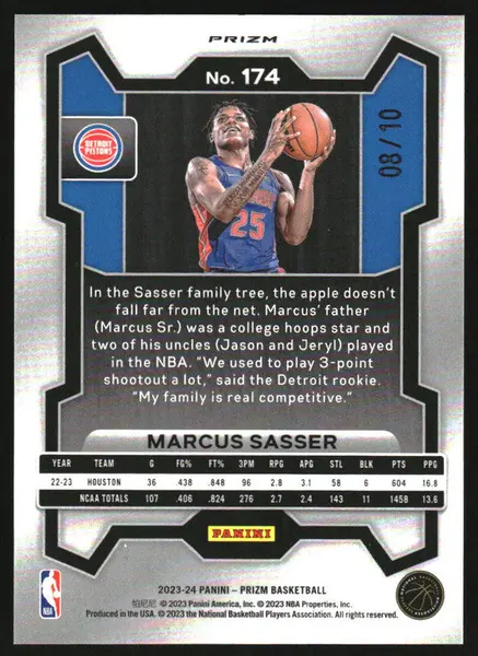 2023-24 Panini Prizm Prizms Gold Shimmer FOTL #174 Marcus Sasser RC /10