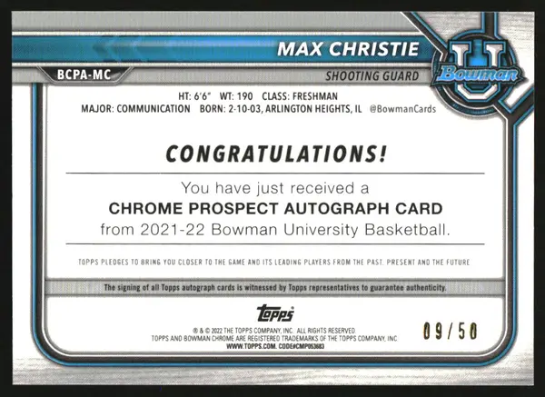 2021-22 Bowman Chrome University Prospect Autographs Gold Max Christie Auto /50