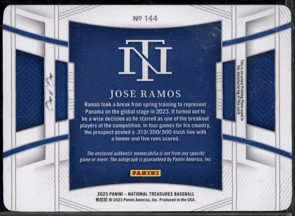 2023 Panini National Treasures Printing Plate Cyan #144 Jose Ramos Auto 1/1