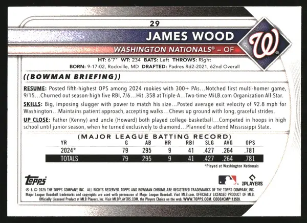 2025 Bowman Chrome Red RC Rookie Redemption #29 James Wood RC