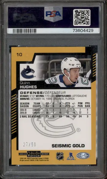 2020 OPC Platinum Seismic Gold #10 Quinn Hughes /50 PSA 9