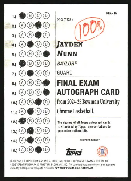 2024-25 Bowman University Chrome Final Exam Superfractor Jayden Nunn Auto 1/1