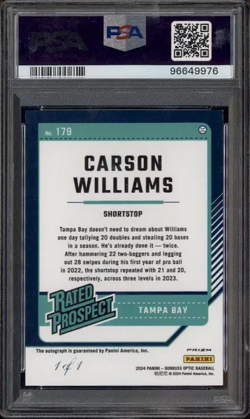2024 Panini Donruss Optic Auto Gold Vinyl #179 Carson Williams RC 1/1 PSA 9