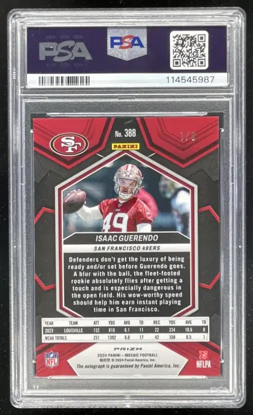 2024 Mosaic Choice Black Gold Prizm #388 Isaac Guerendo RC Auto /8 PSA 9