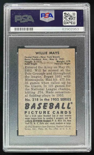 1952 Bowman #218 Willie Mays PSA 4
