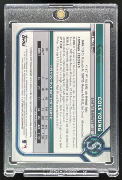 2022 Bowman Draft Chrome Pick Gold Wave Refractor #CDA-CY Cole Young RC Auto /50