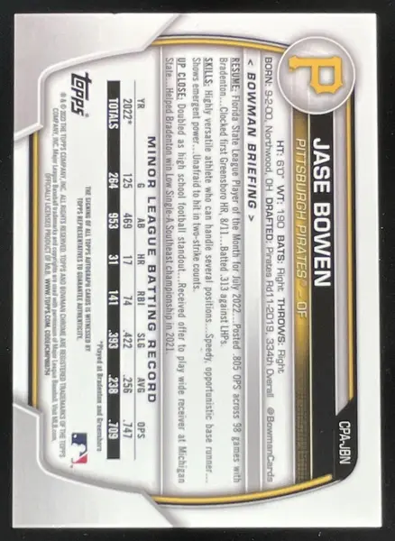 2023 Bowman Chrome Prospect Autographs #CPA-JBN Jase Bowen Autograph RC Auto