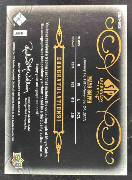 2011 SP Legendary Cuts Legendary Black Cut #DET-MS Mayo Smith Autograph Auto /6