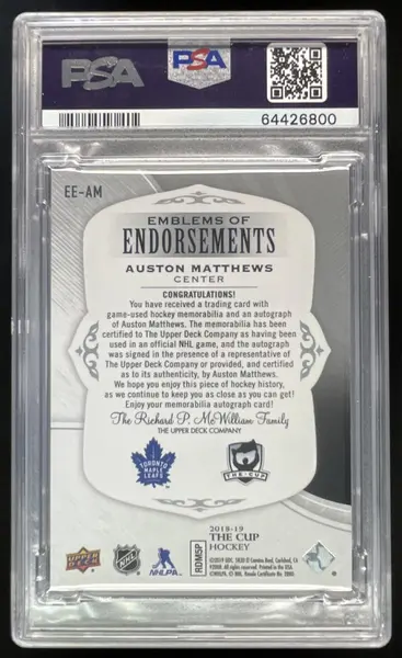 2018 The Cup Emblems Endorsement Autograph Patch Auston Matthews Auto /15 PSA 8