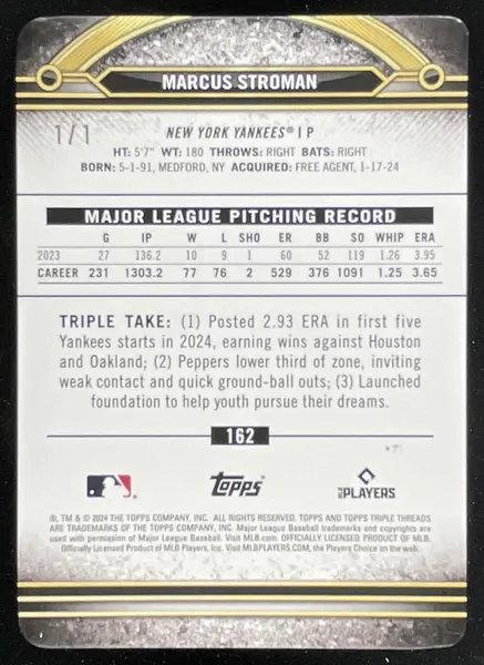 2024 Topps Triple Threads Printing Plate Yellow #162 Marcus Stroman 1/1