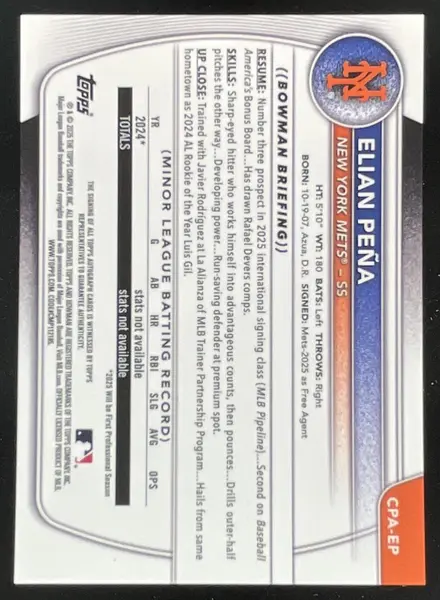2025 Bowman Chrome Prospect Autograph #CPA-EP Elian Pena RC Auto