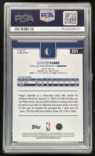 2025-26 Topps Chrome Basketball Refractor #251 Cooper Flagg RC PSA 9