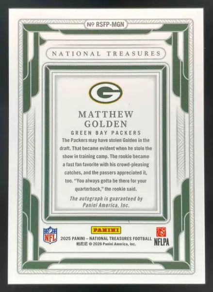 2025 National Treasures Rookie Signature Field Pass Gold Matthew Golden Auto /25