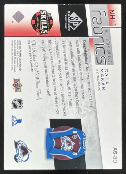 2022-23 SP Game Used 2022 NHL All Star Game Jersey #AS-30 Cale Makar MEM