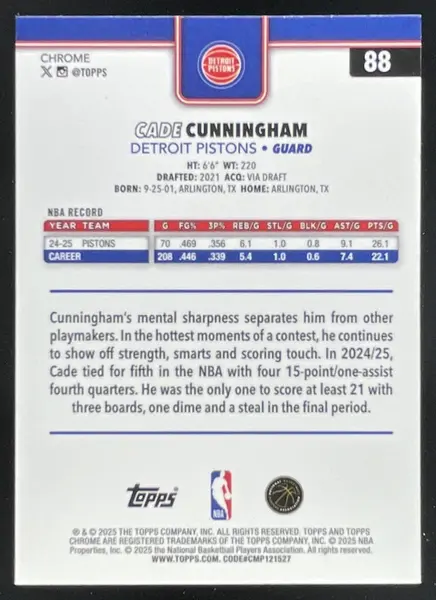 2025-26 Topps Chrome Sapphire #88 Cade Cunningham