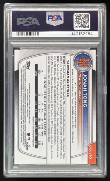 2025 Bowman Chrome Prospect Mini Diamond #CPA-JTO Jonah Tong RC Auto /100 PSA 10