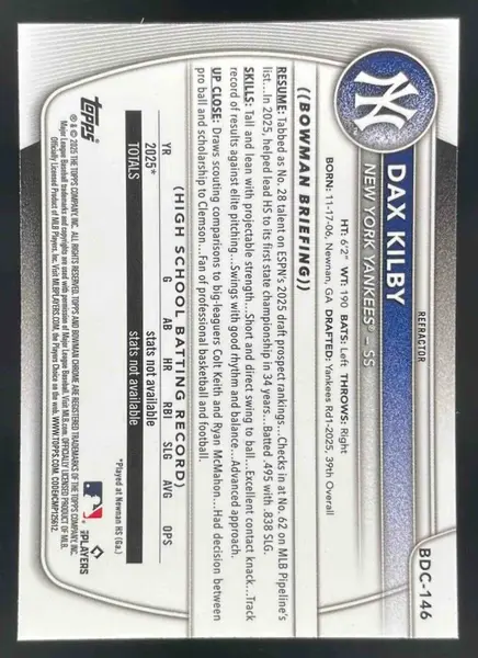 2025 Bowman Draft Chrome Refractor #BDC-146 Dax Kilby RC