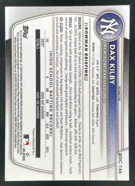 2025 Bowman Draft Chrome Refractor #BDC-146 Dax Kilby RC