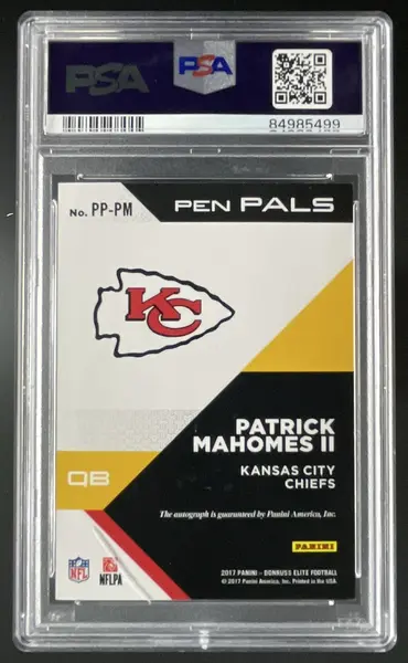 2017 Panini Donruss Elite Pen Pals #PP-PM Patrick Mahomes II RC Auto PSA 8