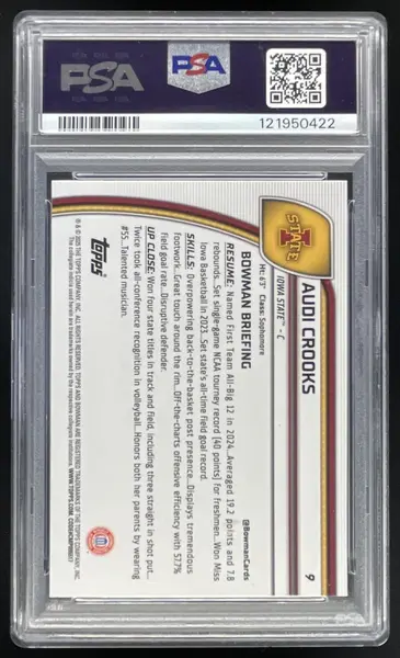 2024-25 Bowman Chrome University Sapphire #9 Audi Crooks PSA 10