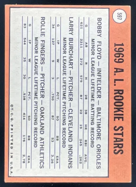 1969 Topps #597 Bob Floyd Larry Burchart Rollie Fingers RC