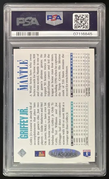 1994 Upper Deck Dual Autograph Mickey Mantle Ken Griffey Jr. Auto PSA 8