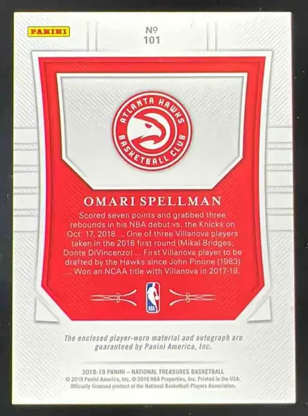 2018 National Treasures Rookie Patch Limited Edition Omari Spellman RC Auto /20