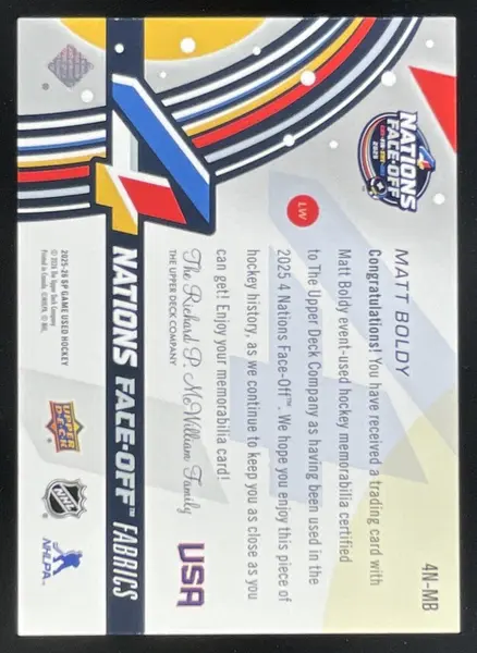 2025 Upper Deck SP Game Used 4 Nations Face-Off Fabrics Jersey #4N-MB Matt Boldy