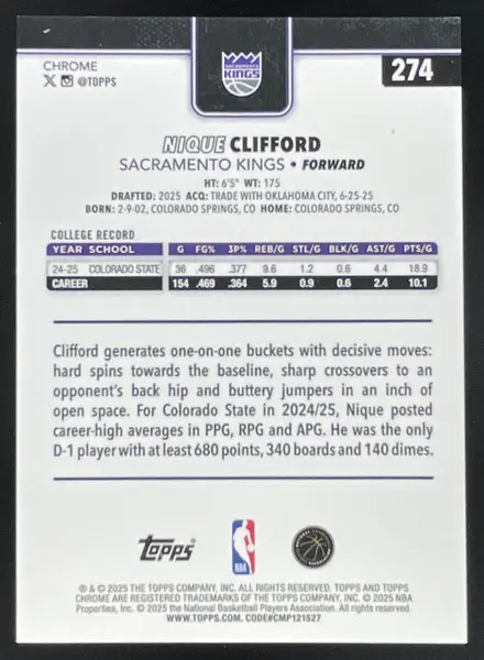 2025-26 Topps Chrome RayWave Red Refractor #274 Nique Clifford RC /5