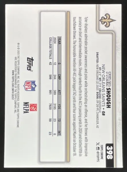 2025 Topps Chrome Rookie Purple Refractor #398 Tyler Shough RC /75
